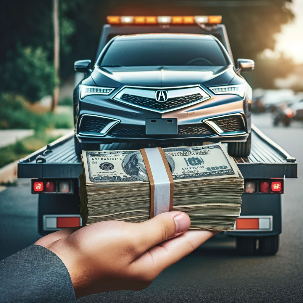 Acura being towed away with cash