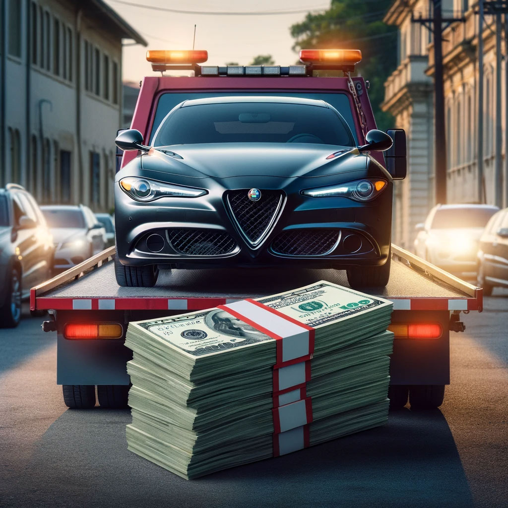 Alfa Romeo being towed away with cash