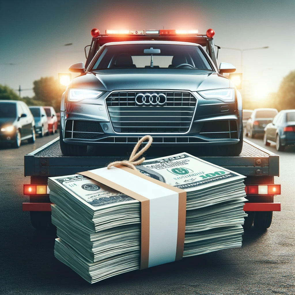 Audi being towed away with cash
