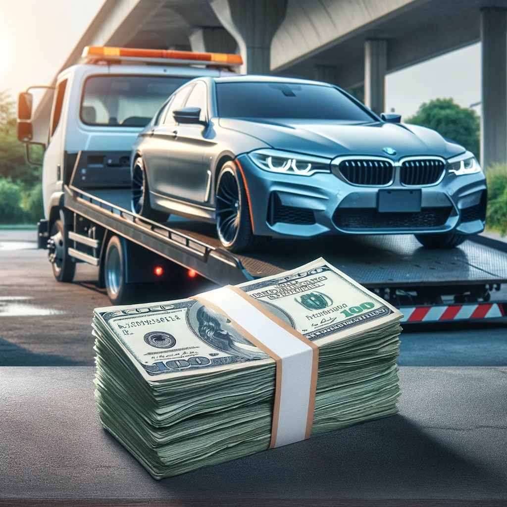 BMW being towed away with cash